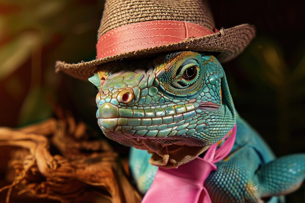 A fashionable lizard dons a summer hat and pink tie