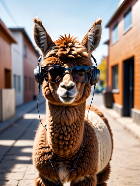 Foto un lama alla moda che indossa occhiali da sole e si sveglia sulla strada