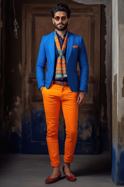 Fashionable man in bright orange pants standing in a hallway