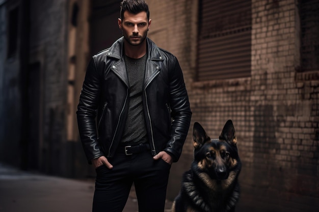 A fashionable man in edgy attire confidently posing with his majestic german shepherd