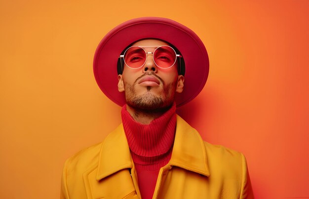 Foto uomo alla moda con cappello rosso e occhiali da sole ai generativa