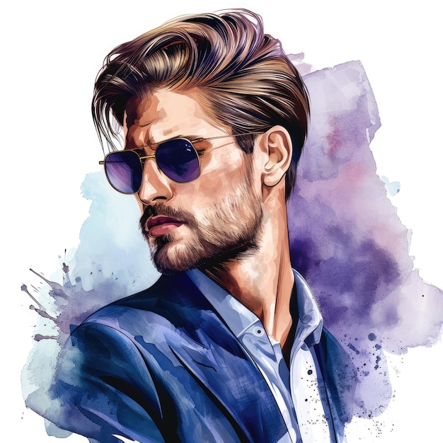 Photo fashionable man with sunglasses watercolor portrait art