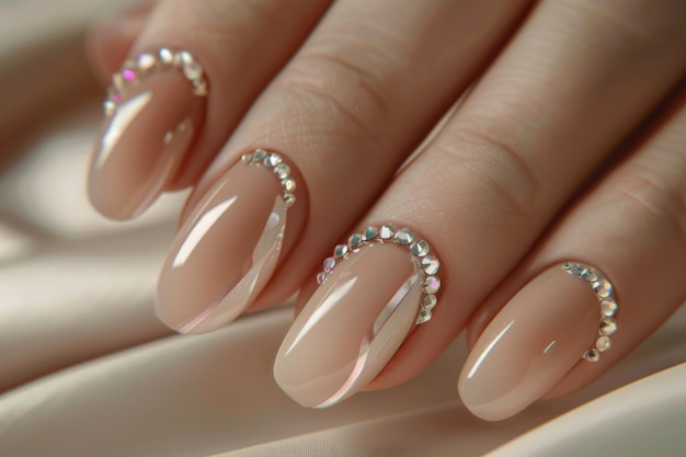 Fashionable model with French manicure and rhinestone nail design