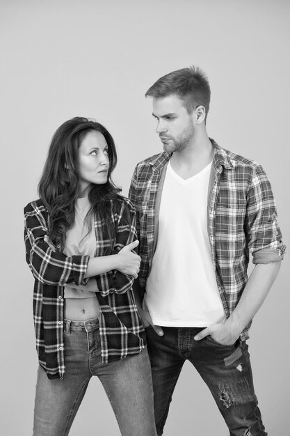 Fashionable outfit Woman and man wear checkered shirt sexy and stylish couple happy valentines day young family couple students life is great summer fashion collection enjoying life and dating