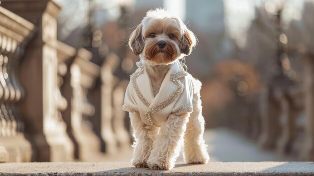 ファッショナブルなペット犬は魅力的な歩道で麗な衣装を着ています