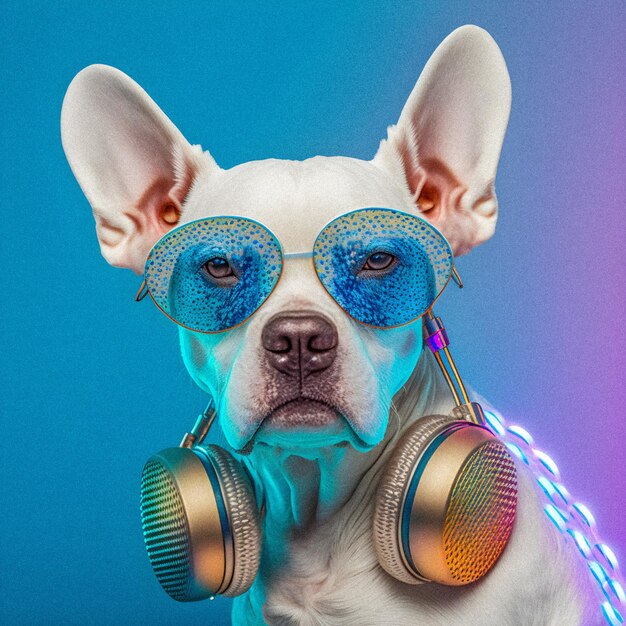 Fashionable portrait of anthropomorphic cute dog dj illustartion granular texture