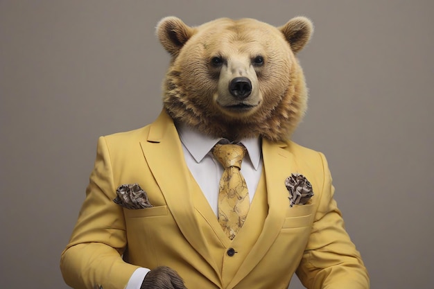 Photo fashionable portrait of a bear in a yellow suit and tie on a gray background