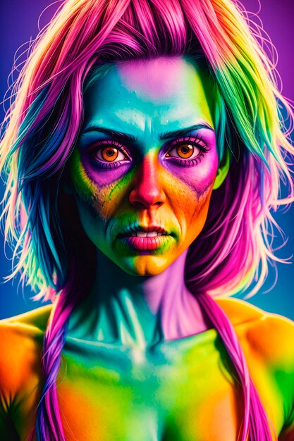 Fashionable portrait of a beautiful zombie girl with bright makeup on a colored background Halloween Generative AI