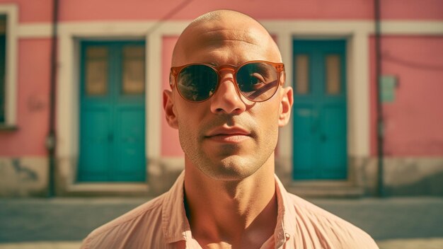 fashionable portrait of a man confidently sporting sunglasses against a dreamy pastel backdrop Explore the latest trends in men's summer fashion and get inspired by this chic and vibrant photo