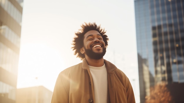 Fashionable portrait of stylish happy laughing black American young man in summer sunny city