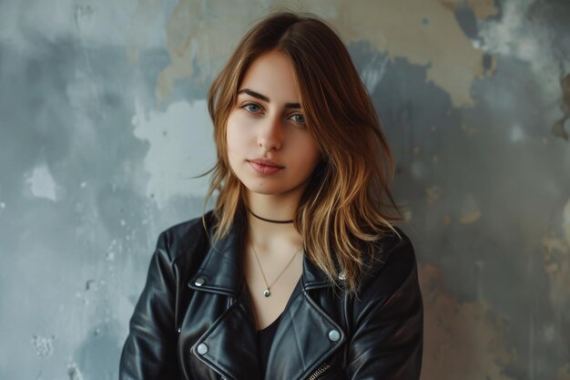 Fashionable Portrait Of A Youthful Woman Rocking A Leather Jacket
