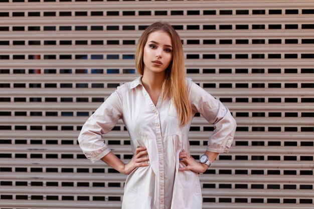 Fashionable pretty woman in a summer dress posing near a metal wall