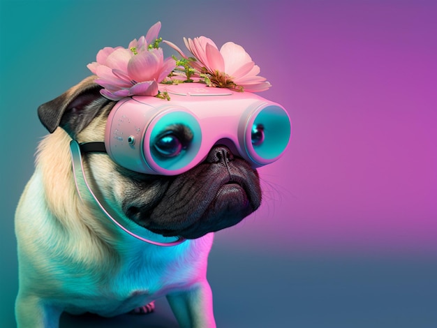 Fashionable pug dog wearing a VR headset. Decorated with flowers. ai generated