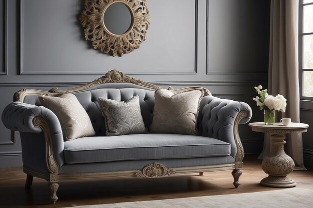 Fashionable retro chair next to elegant grey couch with pillows and blanket
