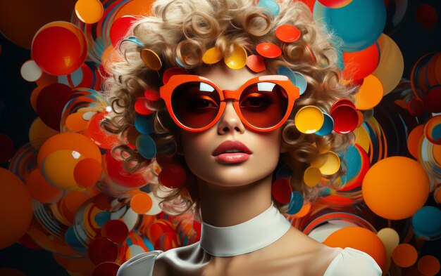 Фото Модная ретро-футуристическая девушка на фоне круга в стиле поп-арта женщина в солнцезащитных очках