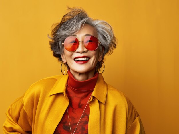 Fashionable senior asian woman with gray hair style in red sunglasses and a yellow coat on a yellow