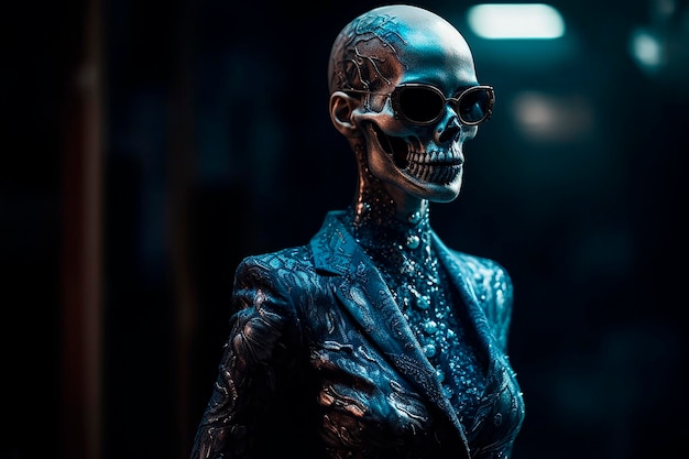 a fashionable skeleton posing for the camera haute couture photography by Lachlan Bailey