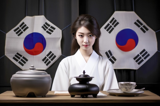 Photo a fashionable south korean woman in traditional attire showcasing the elegance of asian culture