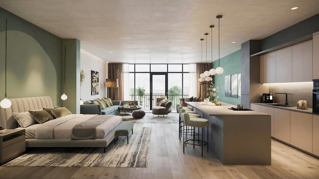 Photo fashionable spacious apartment with a stylish design in green grey and white pastel colors with bi