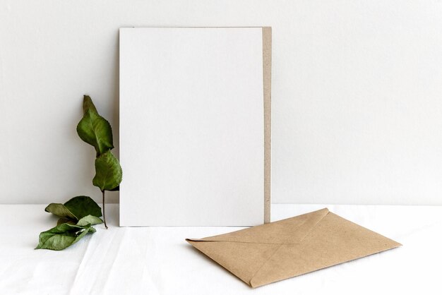 ファッショナブルなストック文房具の背景白いカードクラフト封筒と白いテーブルの上の乾燥した植物や花結婚式の女性の背景招待状の空白