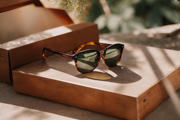Модные стильные и современные солнцезащитные очки лежат на деревянном столе.