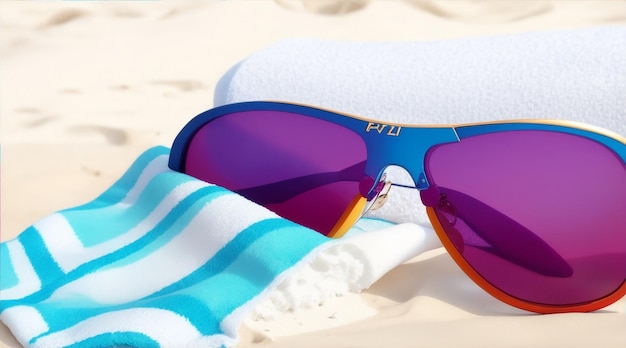 Модные солнцезащитные очки на полотенце на фоне пляжа от Generative AI
