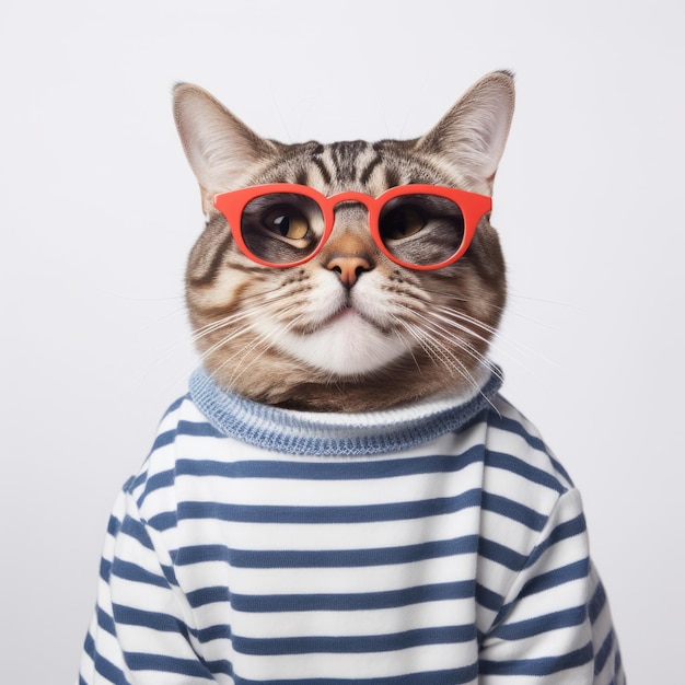 Fashionable Tabby Cat In Red Glasses And Striped Top