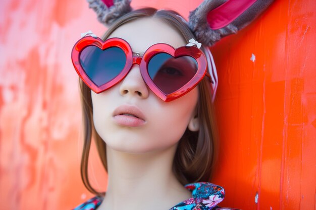 Fashionable teen with bunny ears headband and heartshaped sunglasses