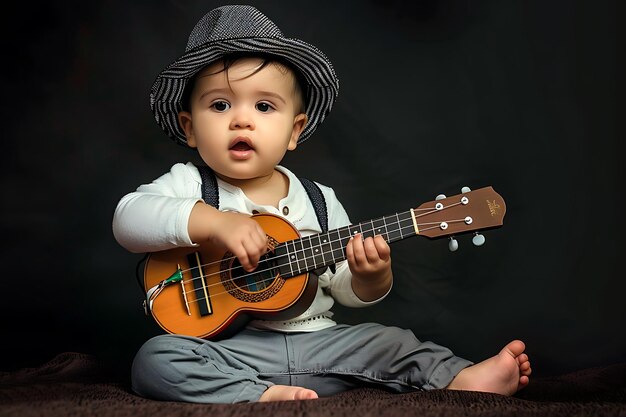 Photo fashionable toddler holding guitar