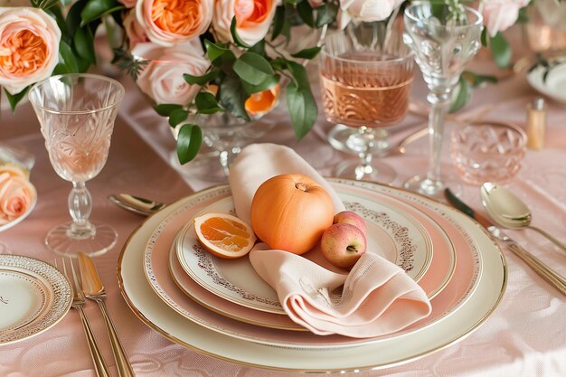 fashionable trendy table setting in peach fuzz color