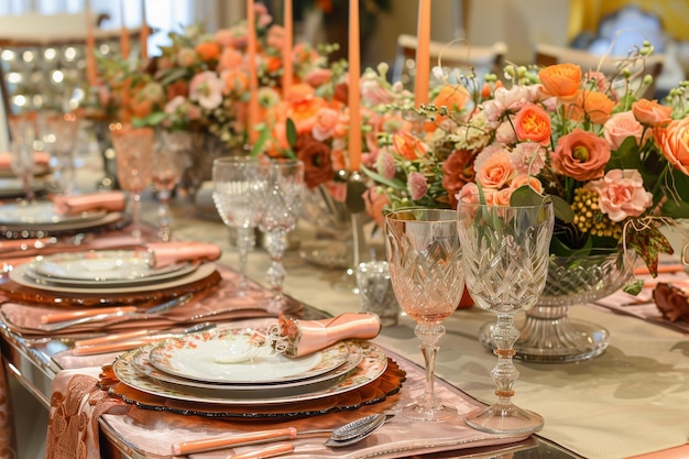 fashionable trendy table setting in peach fuzz color