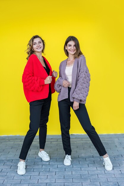 Fashionable two young european women posing in knitted sweaters isolated on yellow background lifestyle