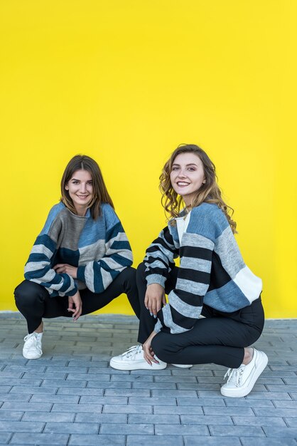 Fashionable two young european women posing in knitted sweaters isolated on yellow