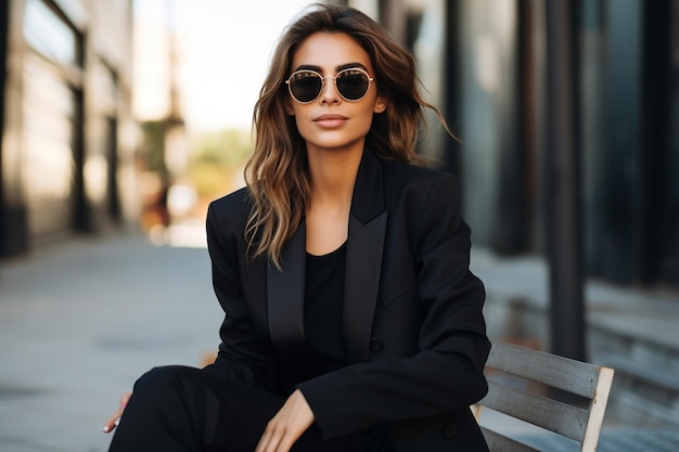 Fashionable urban fresh beauty woman with trendy sunglasses in black business elegant clothes