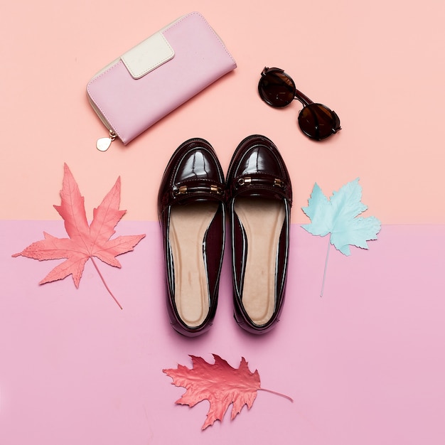 Fashionable Vintage Shoes for Lady and Accessories Clutch and Glasses Concept Minimal Design Art