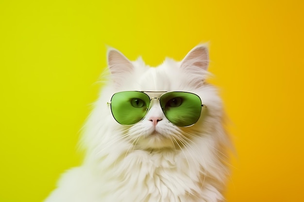 Модная белая пушистая кошка в зеленых очках позирует на желтом фоне Горизонтальная фотография