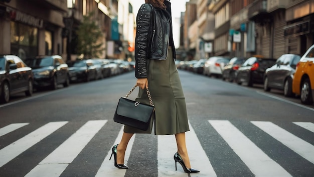 Fashionable woman in black shiny heels