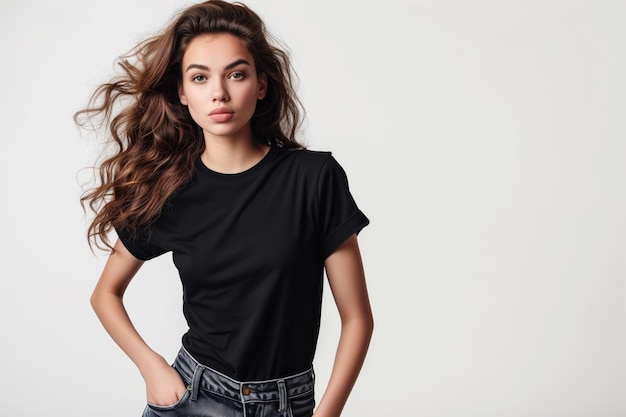 Fashionable Woman In Black TShirt And Jeans Striking A Pose On White Background