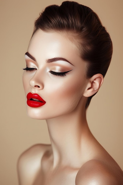Модная женщина косметика красные губы мода бежевый фон