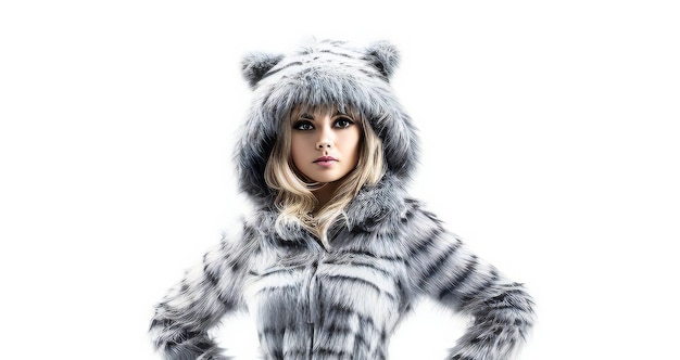 Fashionable woman in fur coat Studio shot over white