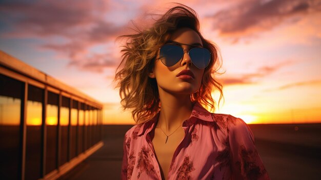 Fashionable woman in glasses at sunset