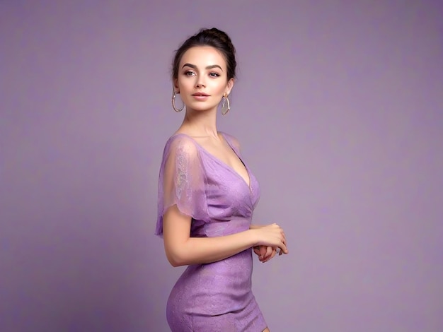 Fashionable woman have good figure and clear fresh skin in purple trendy dresses AI_Generated
