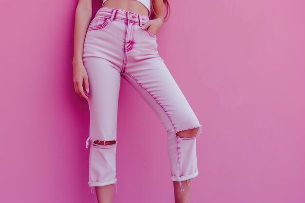 사진 분홍색 청바지 와 색 부분 을 입고 유행적 인 메이크업 을 한 패션 여자