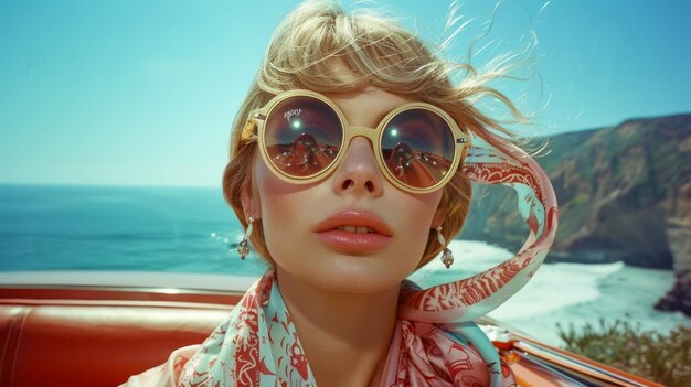 Fashionable Woman in Oversized Sunglasses on a Coastal Road Trip with Vintage Convertible Car