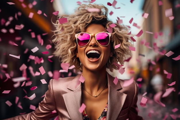 Модная женщина в розовых очках празднует событие