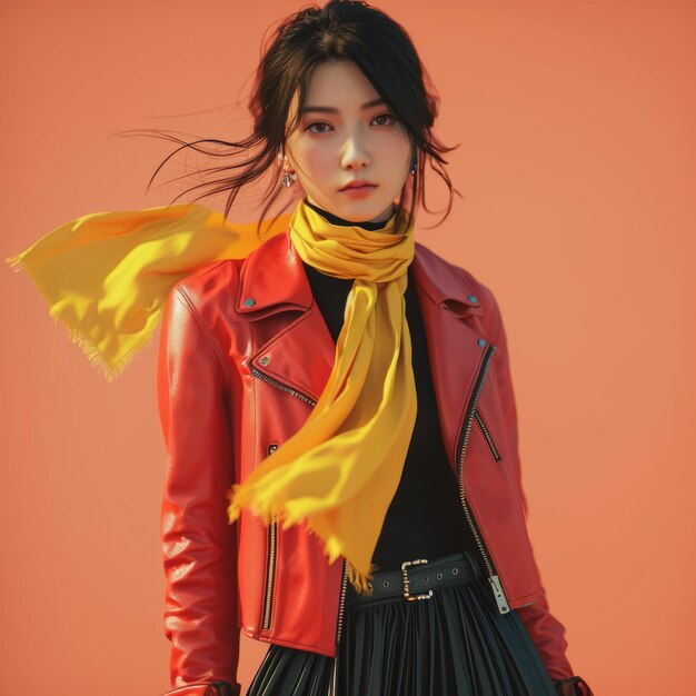 Photo fashionable woman in red leather jacket black skirt and yellow scarf