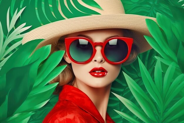 Fashionable woman wearing big red sunglasses Summer poster background tropical plants