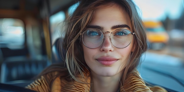 Fashionable woman wearing eyeglasses sitting in the driver39s seat of a car Concept Fashion Eyewear Driving Car Lifestyle