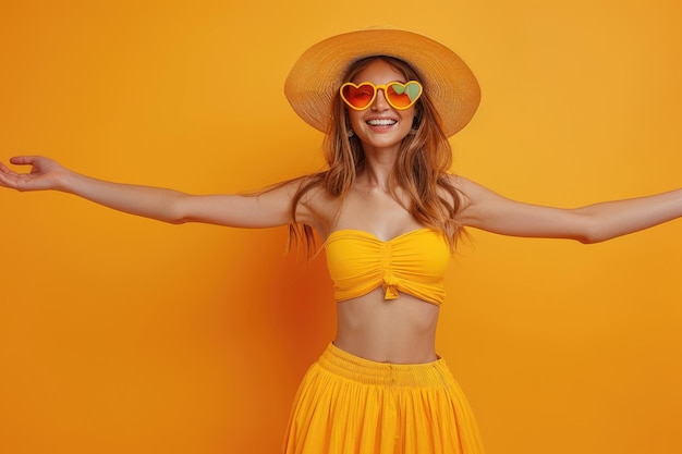 Photo a fashionable woman wearing a hat and heartshaped glasses