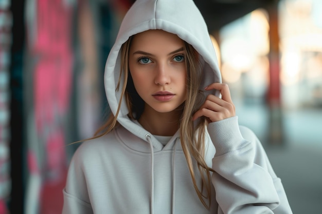 Photo fashionable woman wearing hoodie on urban backdrop perfect for logo printing